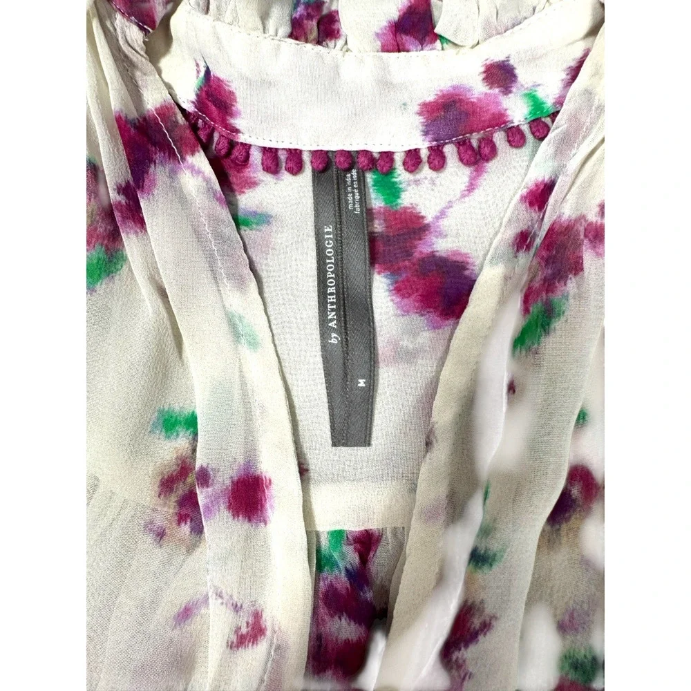 Anthropologie The Estela Blouse M Sheer Floral Printed Boho V-Neck Top Peasant